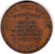 New Zealand 1 Penny Jones & Williamson / Dunedin 1858 KM# Tn35 JONES & WILLIAMSON WHOLESALE & RETAIL GROCERS,WINE,SPIRIT,&.PROVISION MERCHANTS DUNEDIN coin reverse New Zealand 1 Penny Jones & Williamson / Dunedin 1858 KM# Tn35 JONES & WILLIAMSON WHOLESALE & RETAIL GROCERS,WINE,SPIRIT,&.PROVISION MERCHANTS DUNEDIN coin reverse