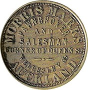 New Zealand 1 Penny Morris Marks 1870 KM# Tn42 MORRIS MARKS PAWNBROKERS AND SALESMAN CORNER OF QUEEN STREET WELLESLEY STREET AUCKLAND coin obverse New Zealand 1 Penny Morris Marks 1870 KM# Tn42 MORRIS MARKS PAWNBROKERS AND SALESMAN CORNER OF QUEEN STREET WELLESLEY STREET AUCKLAND coin obverse