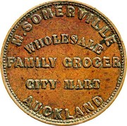 New Zealand 1 Penny Somerville M. - Auckland 1857 KM# Tn64 .SOMERVILLE WHOLESALE FAMILY GROCER CITY MART AUCKLAND coin obverse New Zealand 1 Penny Somerville M. - Auckland 1857 KM# Tn64 .SOMERVILLE WHOLESALE FAMILY GROCER CITY MART AUCKLAND coin obverse
