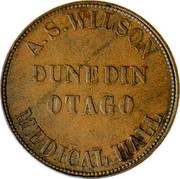 New Zealand 1 Penny Wilson A.S. - Dunedin 1857 KM# Tn71 A.S. WILSON DUNEDIN OTAGO MEDICAL HALL coin obverse New Zealand 1 Penny Wilson A.S. - Dunedin 1857 KM# Tn71 A.S. WILSON DUNEDIN OTAGO MEDICAL HALL coin obverse
