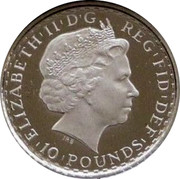 UK 10 Pounds Britannia 2007 British Royal Mint Proof KM# 1275 ELIZABETH'II'D'G REG'FID'DEF '10'POUNDS' IRB coin obverse UK 10 Pounds Britannia 2007 British Royal Mint Proof KM# 1275 ELIZABETH'II'D'G REG'FID'DEF '10'POUNDS' IRB coin obverse