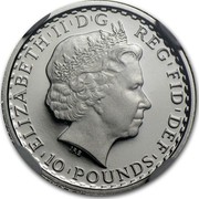 UK 10 Pounds Britannia 2008 British Royal Mint Proof KM# 1099a ELIZABETH'II'D'G REG'FID'DEF '10'POUNDS' IRB coin obverse