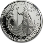 UK 10 Pounds Britannia 2008 British Royal Mint Proof KM# 1099a BRITANNIA 2008 1/10 OUNCE PLATINUM coin reverse