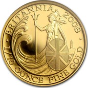 UK 10 Pounds Britannia 2008 British Royal Mint Proof KM# 1099 BRITANNIA 2008 1/10 OUNCE FINE GOLD coin reverse
