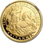 UK 10 Pounds Britannia 2009 Proof KM# 1127 TENTH'OUNCE'FINE'GOLD'2009 BRITANNIA coin reverse UK 10 Pounds Britannia 2009 Proof KM# 1127 TENTH'OUNCE'FINE'GOLD'2009 BRITANNIA coin reverse