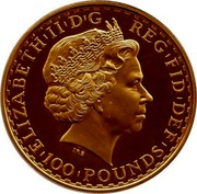 UK 100 Pounds Britannia 2005 British Royal Mint Proof KM# 1071 ELIZABETH'II'D'G REG'FID'DEF '100'POUNDS' IRB coin obverse UK 100 Pounds Britannia 2005 British Royal Mint Proof KM# 1071 ELIZABETH'II'D'G REG'FID'DEF '100'POUNDS' IRB coin obverse