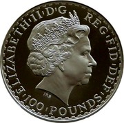 UK 100 Pounds Britannia 2008 British Royal Mint Proof KM# 1102a ELIZABETH II D G REG FID DEF IRB 100 POUNDS coin obverse UK 100 Pounds Britannia 2008 British Royal Mint Proof KM# 1102a ELIZABETH II D G REG FID DEF IRB 100 POUNDS coin obverse