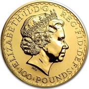 UK 100 Pounds Britannia 2009 British Royal Mint Proof KM# 1130 ELIZABETH'II'D'G REG'FID'DEF '100'POUNDS' IRB coin obverse