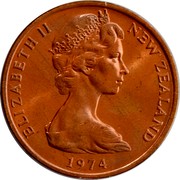 New Zealand 2 Cents Elizabeth II (2nd portrait) 1974 (c) KM# 32.1 ELIZABETH II NEW ZEALAND 1974 coin obverse New Zealand 2 Cents Elizabeth II (2nd portrait) 1974 (c) KM# 32.1 ELIZABETH II NEW ZEALAND 1974 coin obverse