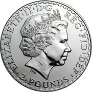 UK 2 Pounds Britannia 2005 British Royal Mint KM# 1063 ELIZABETH'II'D'G REG'FID'DEF '2'POUNDS' IRB coin obverse UK 2 Pounds Britannia 2005 British Royal Mint KM# 1063 ELIZABETH'II'D'G REG'FID'DEF '2'POUNDS' IRB coin obverse