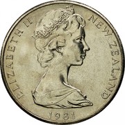 New Zealand 20 Cents Elizabeth II 1981 (l) Proof KM# 36.1 ELIZABETH II NEW ZEALAND *YEAR* coin obverse New Zealand 20 Cents Elizabeth II 1981 (l) Proof KM# 36.1 ELIZABETH II NEW ZEALAND *YEAR* coin obverse