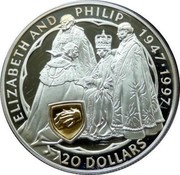 New Zealand 20 Dollars Queen's Golden Wedding Anniversary 1997 Proof KM# 108 ELIZABETH AND PHILIP 1947-1997 20 DOLLARS coin reverse