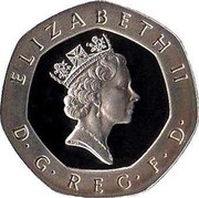 UK 20 Pence 25th Anniversary of Decimal Currency, Crowned Rose 1996 Proof KM# 939a ELIZABETH II RDM D∙G∙REG∙F∙D∙ coin obverse UK 20 Pence 25th Anniversary of Decimal Currency, Crowned Rose 1996 Proof KM# 939a ELIZABETH II RDM D∙G∙REG∙F∙D∙ coin obverse