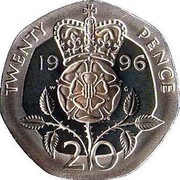UK 20 Pence 25th Anniversary of Decimal Currency, Crowned Rose 1996 Proof KM# 939a TWENTY PENCE 19 96 W G 20 coin reverse UK 20 Pence 25th Anniversary of Decimal Currency, Crowned Rose 1996 Proof KM# 939a TWENTY PENCE 19 96 W G 20 coin reverse
