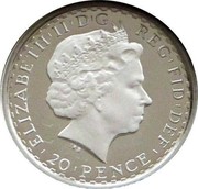 UK 20 Pence Britannia 2001 British Royal Mint Proof KM# 1016 ELIZABETH'II'D'G REG'FID'DEF '20'PENCE' IRB coin obverse UK 20 Pence Britannia 2001 British Royal Mint Proof KM# 1016 ELIZABETH'II'D'G REG'FID'DEF '20'PENCE' IRB coin obverse