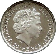 UK 20 Pence Elizabeth II 2003 British Royal Mint Proof KM# 1044 ELIZABETH'II'D'G REG'FID'DEF '20'PENCE' IRB coin obverse UK 20 Pence Elizabeth II 2003 British Royal Mint Proof KM# 1044 ELIZABETH'II'D'G REG'FID'DEF '20'PENCE' IRB coin obverse