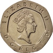 UK 20 Pence Elizabeth II (3rd portrait) 1993 Proof KM# 939 ELIZABETH II D∙G∙REG∙F∙D∙ RDM coin obverse UK 20 Pence Elizabeth II (3rd portrait) 1993 Proof KM# 939 ELIZABETH II D∙G∙REG∙F∙D∙ RDM coin obverse