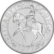 UK 25 Pence Queen's Silver Jubilee 1977 KM# 920a ELIZABETH II D G REG F D 1977 coin obverse UK 25 Pence Queen's Silver Jubilee 1977 KM# 920a ELIZABETH II D G REG F D 1977 coin obverse