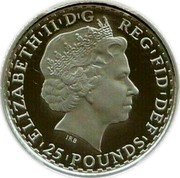 UK 25 Pounds 20th anniversary issue 2007 British Royal Mint Proof KM# 1276 ELIZABETHIIDG REGFIDDEF IRB 25 POUNDS coin obverse UK 25 Pounds 20th anniversary issue 2007 British Royal Mint Proof KM# 1276 ELIZABETHIIDG REGFIDDEF IRB 25 POUNDS coin obverse
