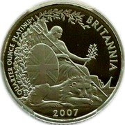 UK 25 Pounds 20th anniversary issue 2007 British Royal Mint Proof KM# 1276 QUARTER OUNCE PLATINUM BRITANNIA 2007 coin reverse UK 25 Pounds 20th anniversary issue 2007 British Royal Mint Proof KM# 1276 QUARTER OUNCE PLATINUM BRITANNIA 2007 coin reverse