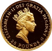UK 25 Pounds Britannia 1992 British Royal Mint Proof KM# 951a ELIZABETH'II'D'G REG'FID'DEF '25'POUNDS' RDM coin obverse