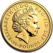 UK 25 Pounds Britannia 2001 British Royal Mint Proof KM# 1021 ELIZABETH'II'D'G REG'FID'DEF '25'POUNDS' IRB coin obverse UK 25 Pounds Britannia 2001 British Royal Mint Proof KM# 1021 ELIZABETH'II'D'G REG'FID'DEF '25'POUNDS' IRB coin obverse