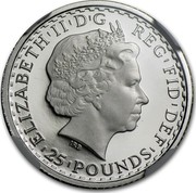 UK 25 Pounds Britannia 2008 British Royal Mint Proof KM# 1100a ELIZABETH'II'D'G REG'FID'DEF '25'POUNDS' IRB coin obverse UK 25 Pounds Britannia 2008 British Royal Mint Proof KM# 1100a ELIZABETH'II'D'G REG'FID'DEF '25'POUNDS' IRB coin obverse