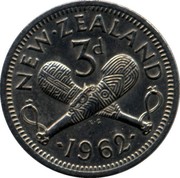 New Zealand 3d Elizabeth II 1962 KM# 25.2 NEW∙ZEALAND 3D ∙*YEAR*∙ K∙G coin reverse New Zealand 3d Elizabeth II 1962 KM# 25.2 NEW∙ZEALAND 3D ∙*YEAR*∙ K∙G coin reverse