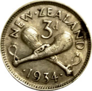 New Zealand 3d George V 1934 KM# 1 NEW∙ZEALAND 3D ∙*YEAR*∙ coin reverse New Zealand 3d George V 1934 KM# 1 NEW∙ZEALAND 3D ∙*YEAR*∙ coin reverse