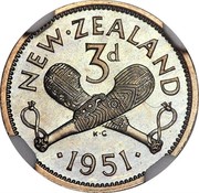 New Zealand 3d George VI 1951 Proof KM# 15 NEW∙ZEALAND 3D ∙*YEAR*∙ K∙G coin reverse New Zealand 3d George VI 1951 Proof KM# 15 NEW∙ZEALAND 3D ∙*YEAR*∙ K∙G coin reverse
