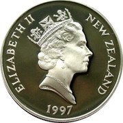 New Zealand $5 Christchurch 1997 Proof KM# 106a NEW ZEALAND ELIZABETH II 1997 RDM coin obverse New Zealand $5 Christchurch 1997 Proof KM# 106a NEW ZEALAND ELIZABETH II 1997 RDM coin obverse