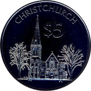 New Zealand $5 City of Christchurch 1997 KM# 106 CHRISTCHURCH $5 coin reverse New Zealand $5 City of Christchurch 1997 KM# 106 CHRISTCHURCH $5 coin reverse
