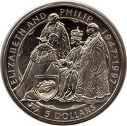 New Zealand 5 Dollars 1997 Proof KM# 105a Decimal Coins ELIZABETH AND PHILIP 1947-1997 5 DOLLARS coin reverse New Zealand 5 Dollars 1997 Proof KM# 105a Decimal Coins ELIZABETH AND PHILIP 1947-1997 5 DOLLARS coin reverse