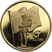 New Zealand 5 Dollars ANZAC 1990 Proof. Set only, issued with Australian 1990 $5 as pair KM# 71 5 DOLLARS coin reverse New Zealand 5 Dollars ANZAC 1990 Proof. Set only, issued with Australian 1990 $5 as pair KM# 71 5 DOLLARS coin reverse