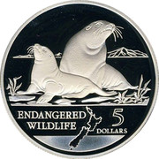 New Zealand 5 Dollars Hooker Sea Lions 1993 Proof KM# 89 ENDANGERED WILDLIFE 5 DOLLARS coin reverse New Zealand 5 Dollars Hooker Sea Lions 1993 Proof KM# 89 ENDANGERED WILDLIFE 5 DOLLARS coin reverse