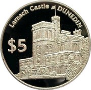 New Zealand $5 Larnach Castle 1998 (v) KM# 113 LARNACH CASTLE DUNEDIN $5 coin reverse New Zealand $5 Larnach Castle 1998 (v) KM# 113 LARNACH CASTLE DUNEDIN $5 coin reverse