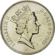 UK 5 Pence Crowned Thistle 1985 Proof KM# 937 ELIZABETH II D∙G∙REG∙F∙D∙1985 RDM coin obverse UK 5 Pence Crowned Thistle 1985 Proof KM# 937 ELIZABETH II D∙G∙REG∙F∙D∙1985 RDM coin obverse