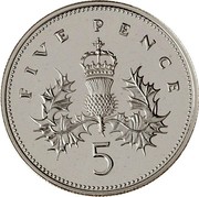 UK 5 Pence Crowned Thistle 1990 Proof KM# 937a FIVE PENCE 5 coin reverse UK 5 Pence Crowned Thistle 1990 Proof KM# 937a FIVE PENCE 5 coin reverse