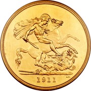 UK 5 Pounds George V 1911 Proof KM# 822 1911 B.P. coin reverse UK 5 Pounds George V 1911 Proof KM# 822 1911 B.P. coin reverse