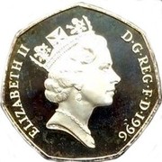 UK 50 Pence 25th Anniversary of Decimal Currency 1996 Proof KM# 940.1a ELIZABETH II D∙G∙REG∙F∙D∙1996 RDM coin obverse UK 50 Pence 25th Anniversary of Decimal Currency 1996 Proof KM# 940.1a ELIZABETH II D∙G∙REG∙F∙D∙1996 RDM coin obverse