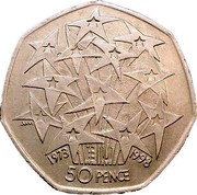 UK 50 Pence 25th Anniversary of the European Union 1998 Proof KM# 992 1973 EU 1998 50 PENCE JWM coin reverse UK 50 Pence 25th Anniversary of the European Union 1998 Proof KM# 992 1973 EU 1998 50 PENCE JWM coin reverse