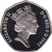 UK 50 Pence Elizabeth II (3rd portrait) small type 1997 Proof KM# 940.2a ELIZABETH II D∙G∙REG∙F∙D∙1997 RDM coin obverse UK 50 Pence Elizabeth II (3rd portrait) small type 1997 Proof KM# 940.2a ELIZABETH II D∙G∙REG∙F∙D∙1997 RDM coin obverse