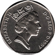 UK 50 Pence Elizabeth II (3rd portrait) small type 1997 KM# 940.2 ELIZABETH II D∙G∙REG∙F∙D∙1997 RDM coin obverse UK 50 Pence Elizabeth II (3rd portrait) small type 1997 KM# 940.2 ELIZABETH II D∙G∙REG∙F∙D∙1997 RDM coin obverse