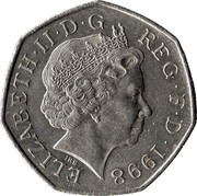 UK 50 Pence National Health Service 1998 Proof KM# 996a ELIZABETH II D G REG F D 1998 coin obverse UK 50 Pence National Health Service 1998 Proof KM# 996a ELIZABETH II D G REG F D 1998 coin obverse