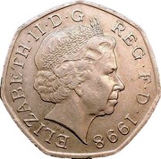 UK 50 Pence National Health Service 1998 Proof KM# 996 ELIZABETH∙II∙D∙G REG∙F∙D∙1998 IRB coin obverse UK 50 Pence National Health Service 1998 Proof KM# 996 ELIZABETH∙II∙D∙G REG∙F∙D∙1998 IRB coin obverse