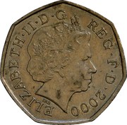 UK 50 Pence Public Libraries 2000 British Royal Mint KM# 1004 ELIZABETH∙II∙D∙G REG∙F∙D∙2000 IRB coin obverse UK 50 Pence Public Libraries 2000 British Royal Mint KM# 1004 ELIZABETH∙II∙D∙G REG∙F∙D∙2000 IRB coin obverse