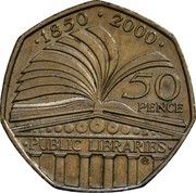 UK 50 Pence Public Libraries 2000 British Royal Mint KM# 1004 ∙1850∙2000∙ 50 PENCE ∙PUBLIC LIBRARIES∙ ® coin reverse UK 50 Pence Public Libraries 2000 British Royal Mint KM# 1004 ∙1850∙2000∙ 50 PENCE ∙PUBLIC LIBRARIES∙ ® coin reverse