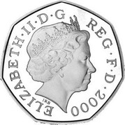 UK 50 Pence Sitting Libertine Britannia 2000 Proof KM# 991a ELIZABETH∙II∙D∙G REG∙F∙D∙2000 IRB coin obverse UK 50 Pence Sitting Libertine Britannia 2000 Proof KM# 991a ELIZABETH∙II∙D∙G REG∙F∙D∙2000 IRB coin obverse