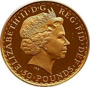 UK 50 Pounds Britannia 2005 British Royal Mint Proof KM# 1070 ELIZABETH'II'D'G REG'FID'DEF '50'POUNDS' IRB coin obverse