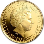 UK 50 Pounds Britannia 2007 British Royal Mint Proof KM# 1093 ELIZABETH'II'D'G REG'FID'DEF '50'POUNDS' IRB coin obverse UK 50 Pounds Britannia 2007 British Royal Mint Proof KM# 1093 ELIZABETH'II'D'G REG'FID'DEF '50'POUNDS' IRB coin obverse